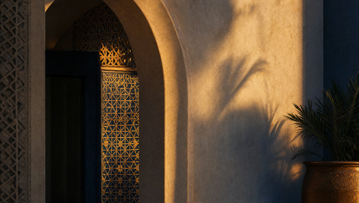 Marokkanischer Bogengang mit blau-goldenem Zellige-Mosaik im Abendlicht