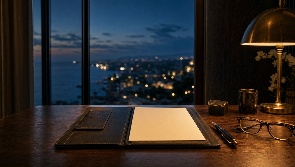 Eleganter Schreibtisch mit Ledermappe und Füller vor abendlichem Küstenblick