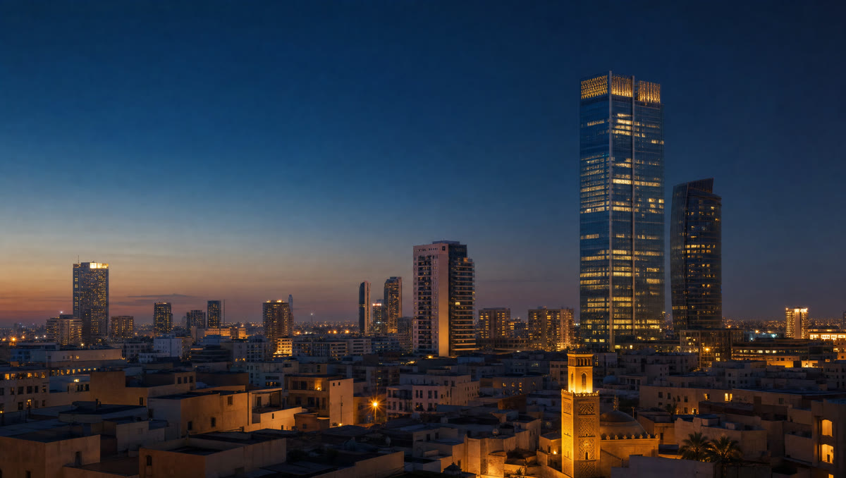 Skyline einer modernen marokkanischen Stadt in der Abenddämmerung